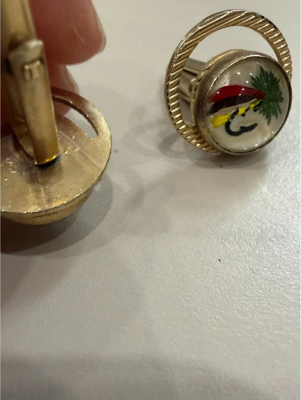 Jewelry Cuff Links Vintage Set Fishing Lure Design Themed Gold Colored Setting